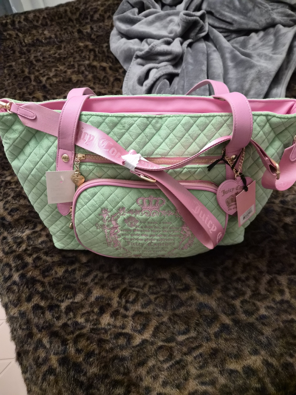 NWOT Juicy Couture Mint Quilted Tote with Pink Trim